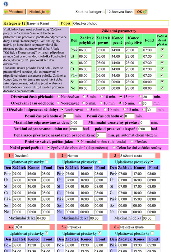 Dochzkov systm Dochzka 3000 - nastaven parametr smny - kategorie pracovn doby